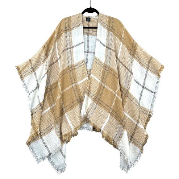 V. Fraas Beige & White Fringe Hem Open Front Plaid‎ Wrap Poncho Womens One Size - Picture 1 of 5